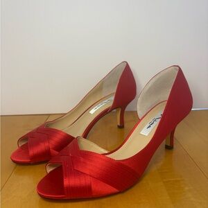 Nina || Contesa Satin D’Orsay Mid-Heel Pumps Red with Peep Toe